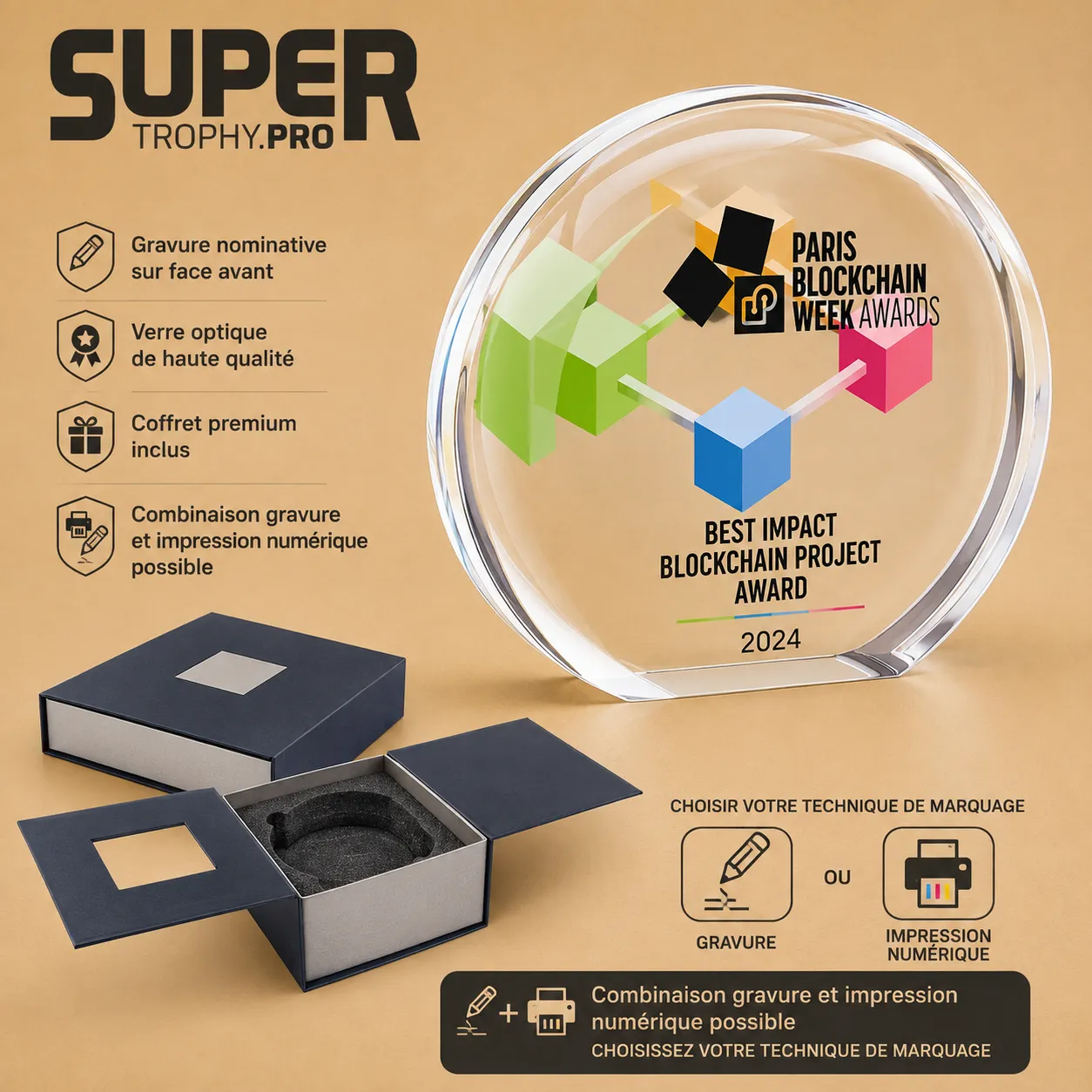 Trophée Rond TR186 en verre personnalisé